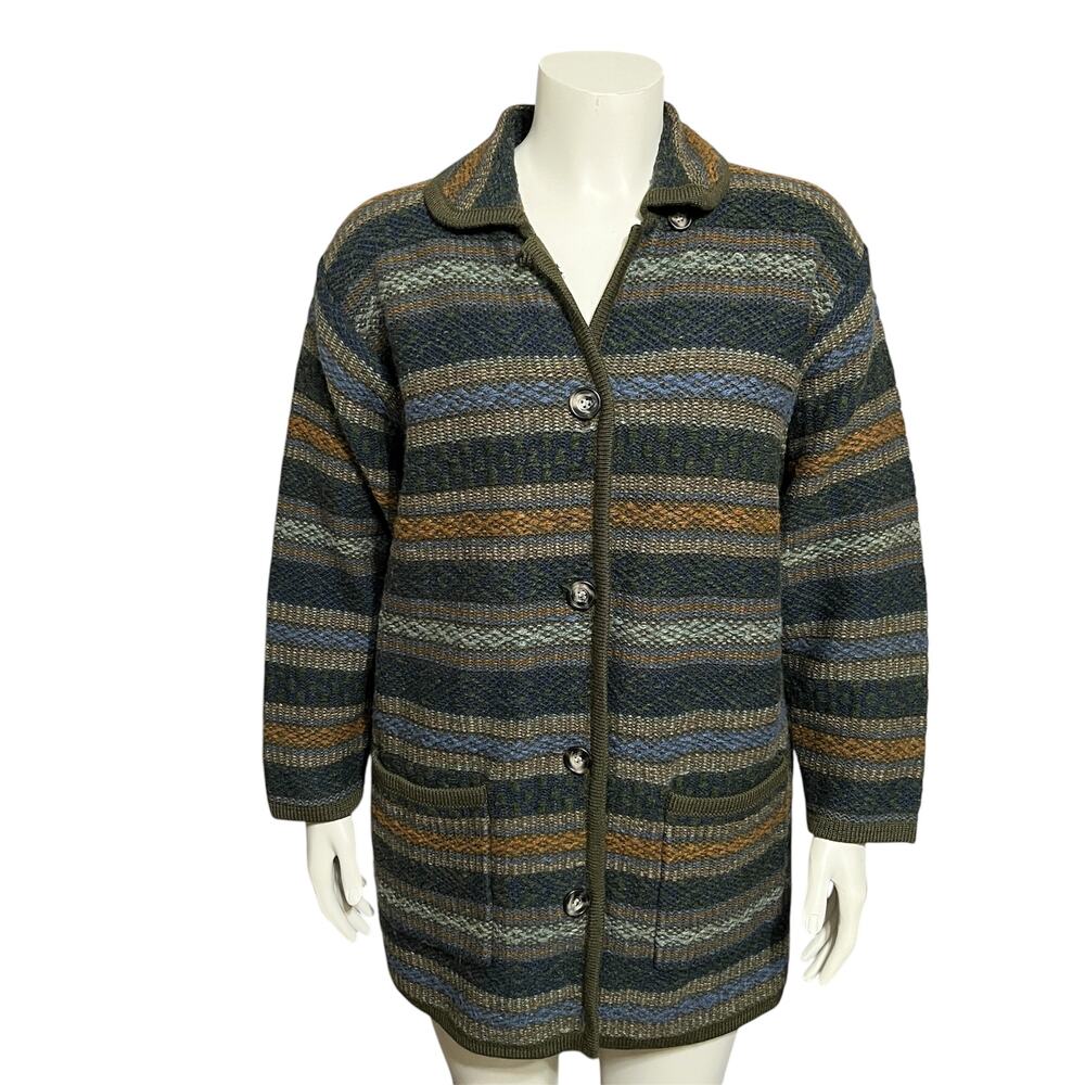 ⭐️Laura Ashley 100% Wool Cardigan Sweater Jacket Sz-Medium Chunky Striped
